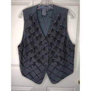 I. B. Diffusion Beaded Vest Women 14 Black Silk Formal Holiday Party EUC